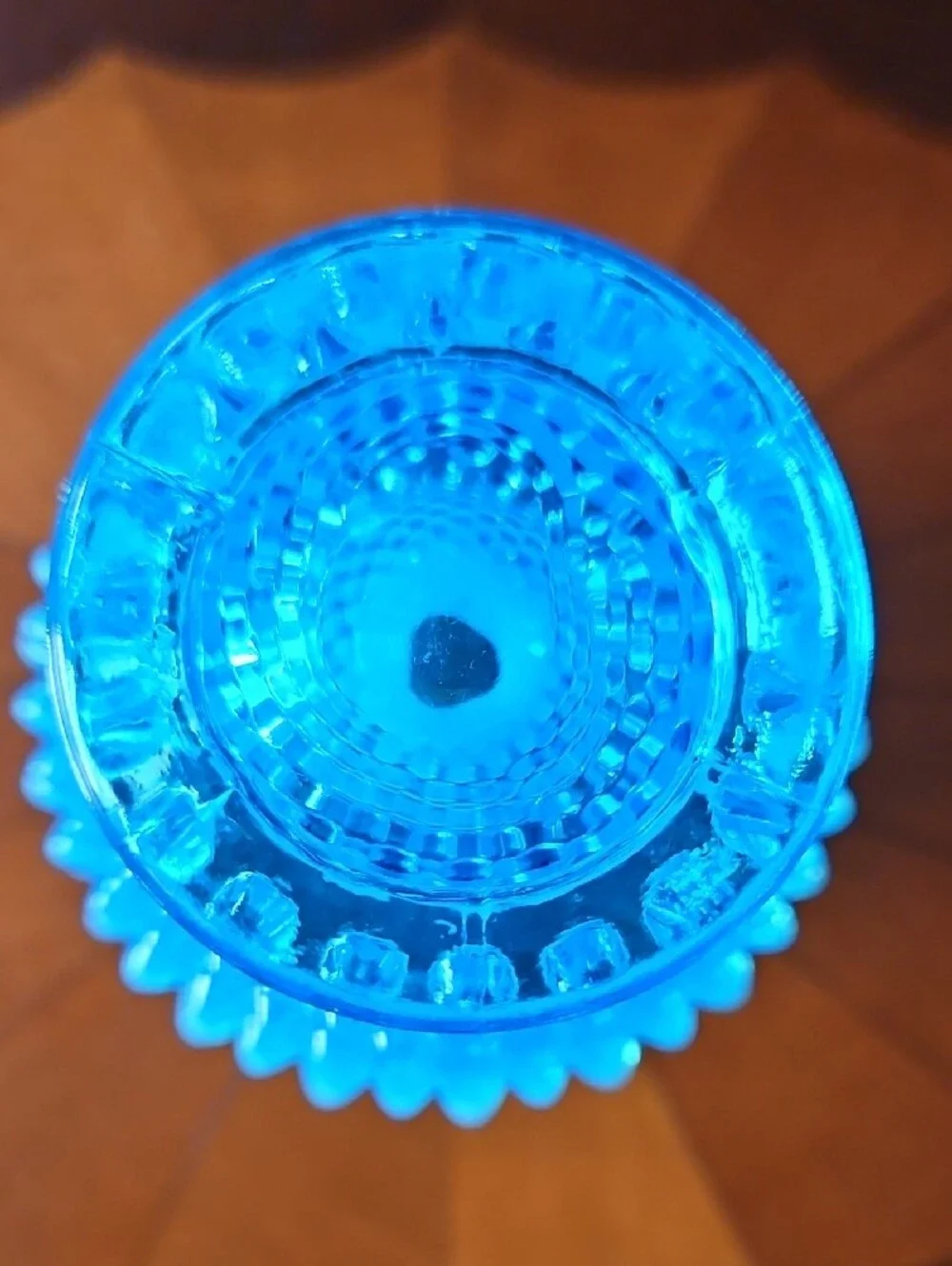 Vintage Fenton Blue Opalescent Hobnail Crimped Ruffled Glass  Miniature Vase